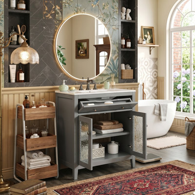 Meuble-lavabo autoportant classique en bois massif de 30 po avec lavabo en céramique, plateau basculant et portes en verre texturé (gris / blanc)