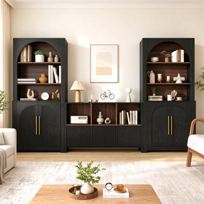 Ensemble de bibliothèque en bois arqué trois pièces avec armoires de rangement et tablettes réglables pour l'organisation de la maison
