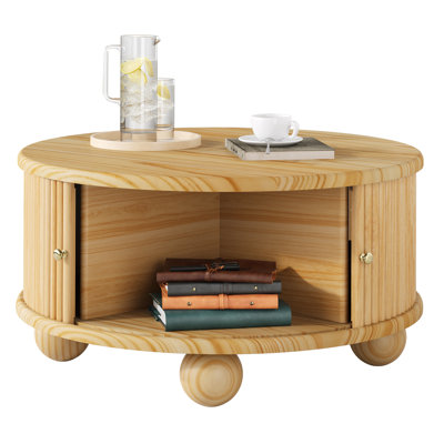 Table basse ronde cannelée avec rangement, bois massif de pin, porte coulissante, naturel, 31,8 po