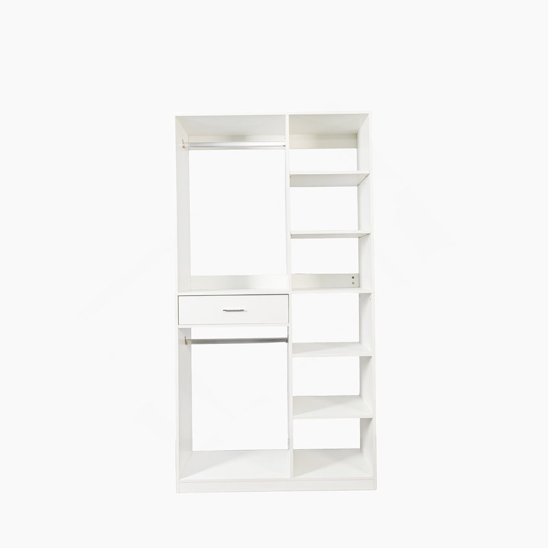 Système de placard autoportant, garde-robe autonome avec 6 tablettes ouvertes, hauteur de 74,8 po avec 1 tiroir en bois, penderie en bois avec 2 tringles de suspension, blanc