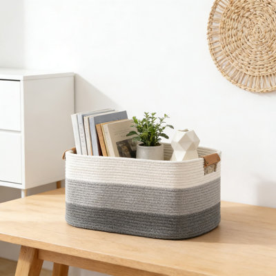 Woven Storage Basket With Leather Handle, Large Foldable And Machine Washable Organizer For Blankets, Towels, And Toys In Living Room, Bathroom, Or Nursery