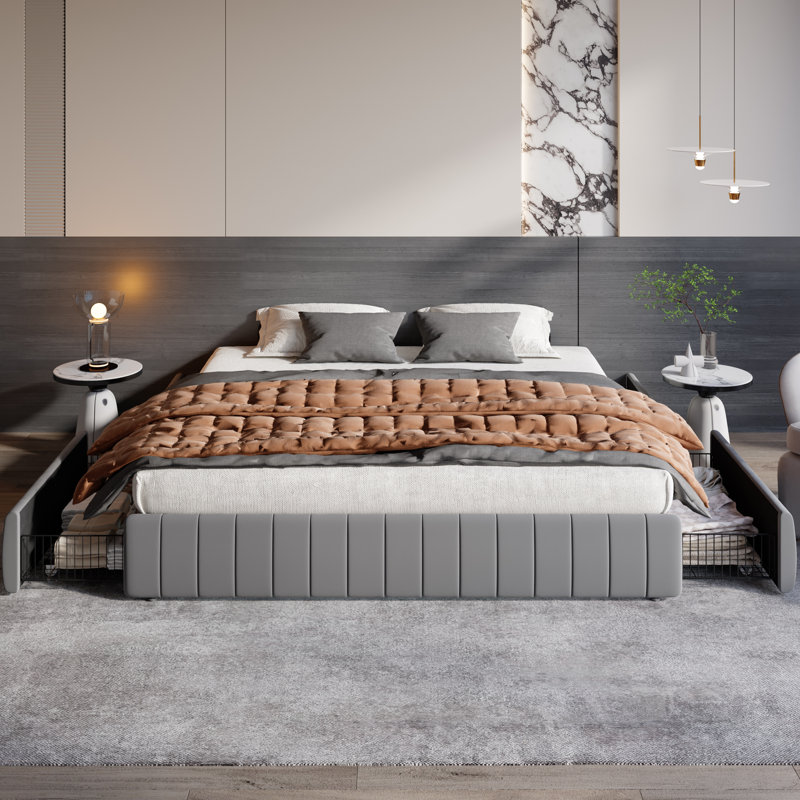 Modern Channel‑Tufted Upholstered Platform Storage Bed With 4 Locking Drawers, King, Gray
