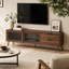 Meuble télé moderne pour téléviseur de 75 po et plus, console de télévision avec 2 portes en verre, centre de divertissement avec 2 tiroirs et armoire de rangement, console multimédia de 70 po pour le salon et la chambre à coucher