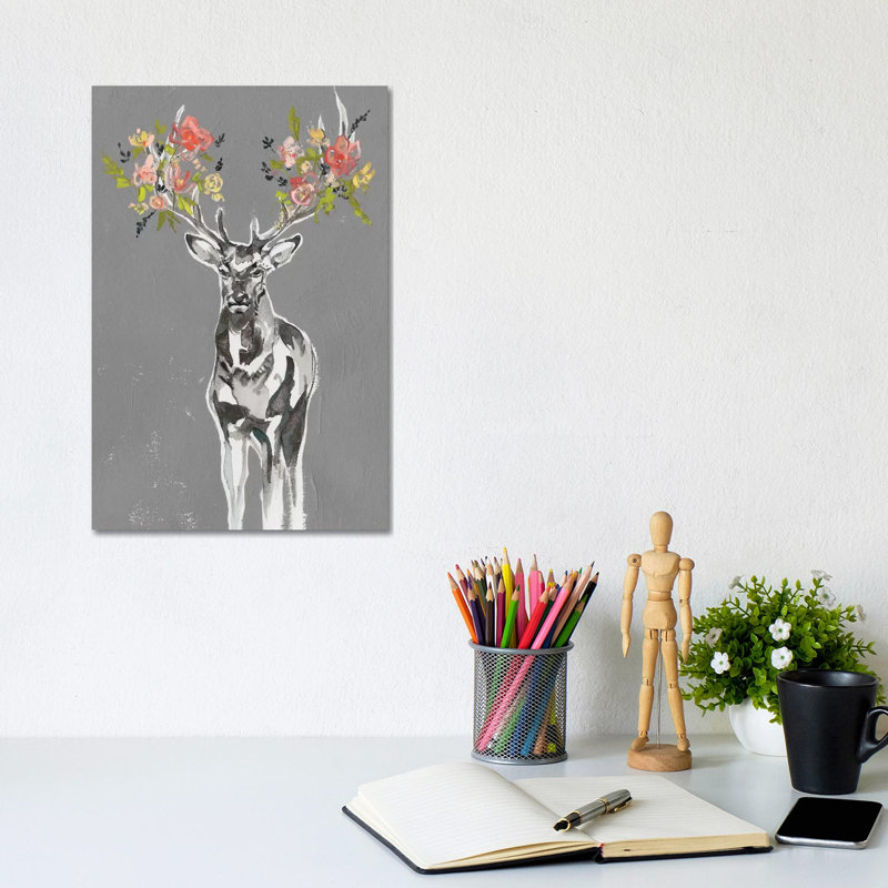 Deer & Flowers II by Jennifer Goldberger - Wrapped Canvas Print, 30.48cm H x 20.32cm W