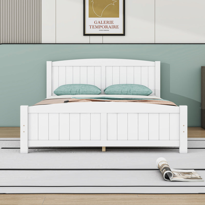 Lit plateforme en bois avec tête de lit et pieds de soutien, Blanc, Double