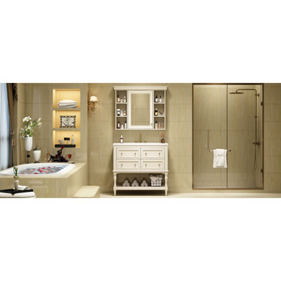 Meuble-lavabo 36 po avec armoire à pharmacie, 4 tiroirs, structure en bois massif, tablette ajustable avec miroir moderne, lavabo en céramique, lavabo pré-percé, peinture imperméable, poignée argentée, tablette de rangement spacieuse
