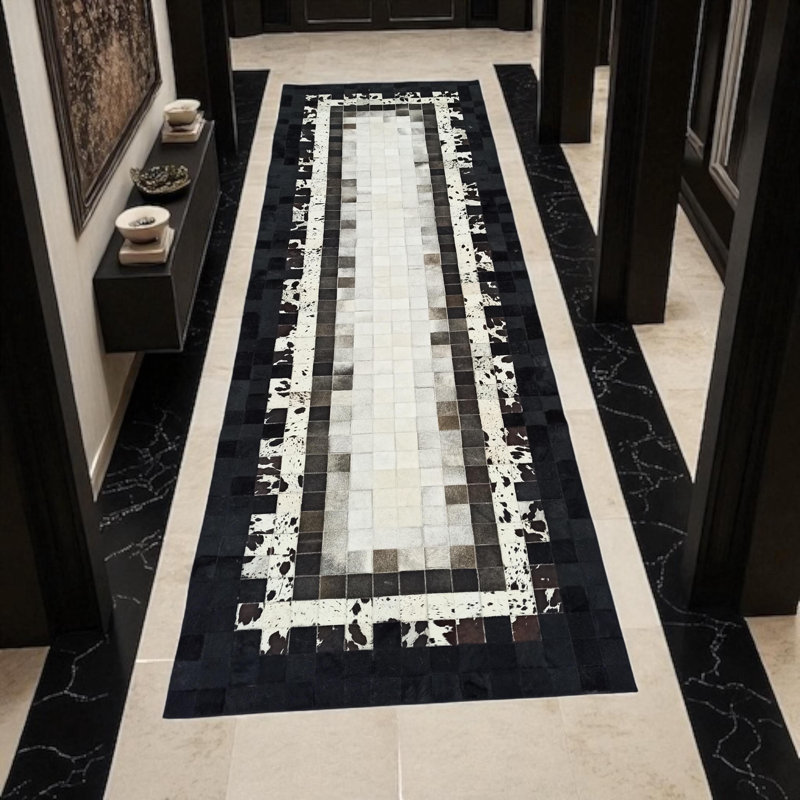 Tapis long en cuir de vache noir et blanc, tapis en cuir véritable, Rectangle 5 pi x 7,5 pi