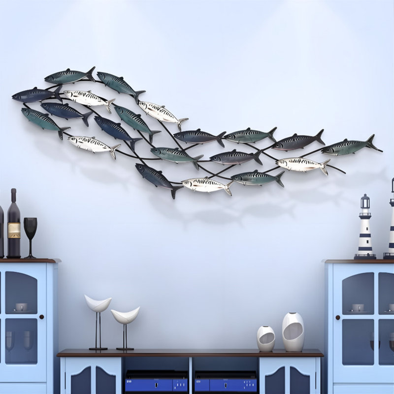 Art mural méditerranéen en fer 59 po - Sculpture côtière 3D, décor nautique pour le salon, banc de poissons en métal fabriqué à la main dans des tons océaniques