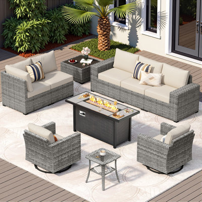 7-Person All-Weather Wicker Patio Set With Cushions,Swivel Rockers And Fire Pit