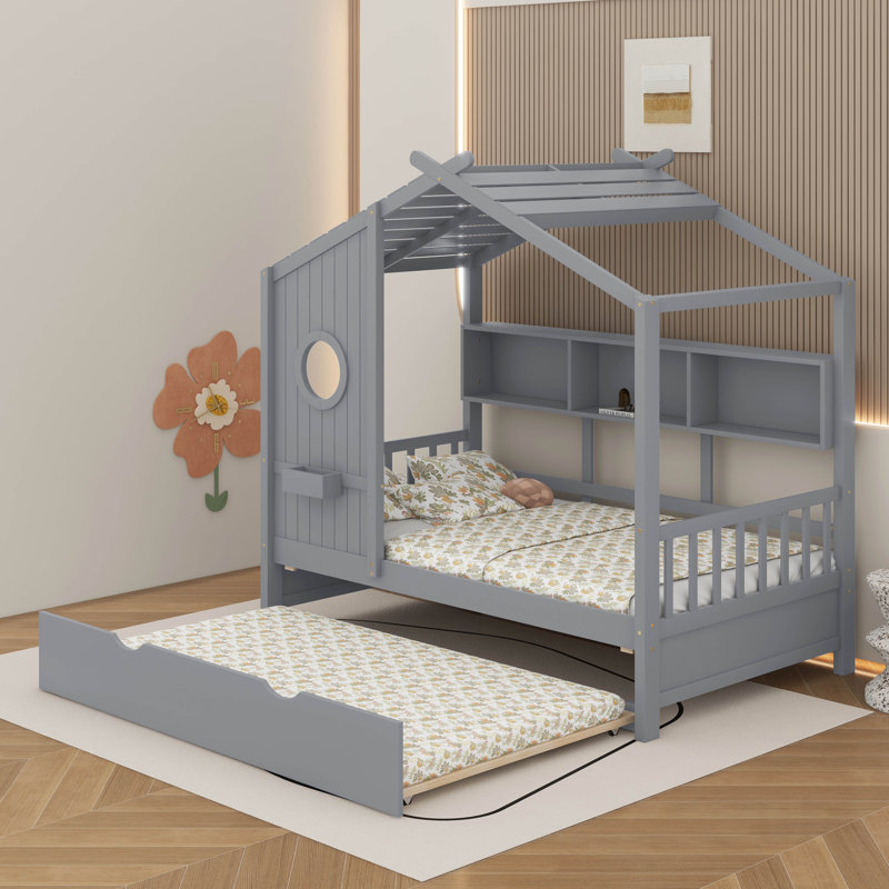 Lit simple en bois avec lit gigogne et tablette de rangement, Gris