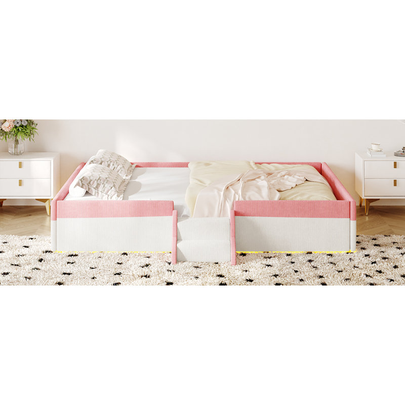 Lit de plancher rembourré avec lumières DEL et clôture, Lit double, Blanc rose
