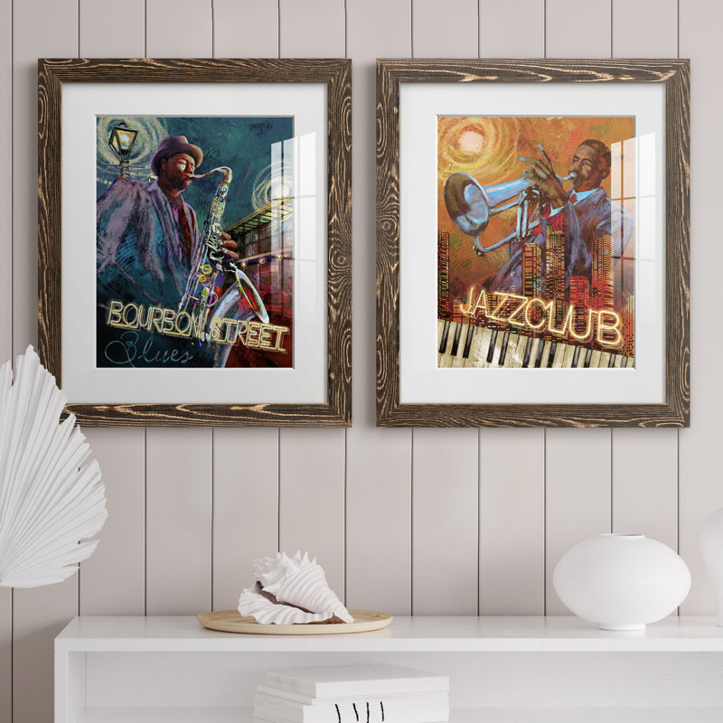 Bourbon Street Blues - ensemble de 2 reproductions sur papier, H 24 po x l 36 po x P 1,5 po, Papier, cadre noyer, Blanc