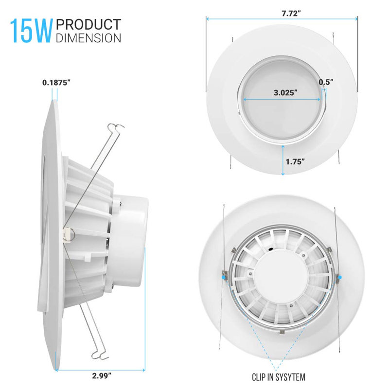 5/6" Round 15W LED Recessed Dimmable Downlight, 3000K