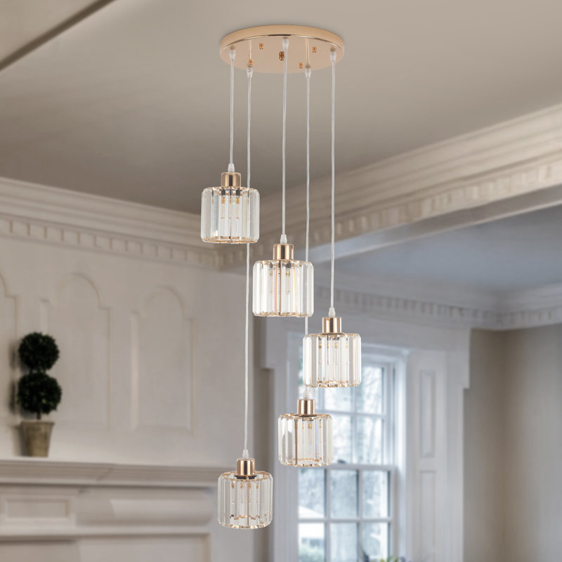 Lustre moderne en cristal à 5 lumières à intensité variable, Doré