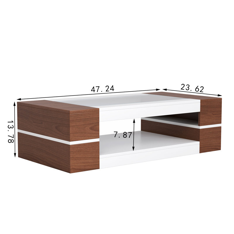 Table basse moderne avec dessus en verre et rangement pour salon, Blanc / Brun