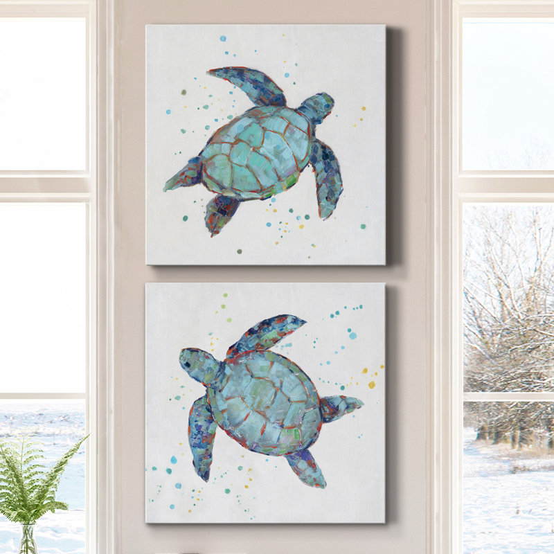 Bulle bleue tortue I - ensemble de 2 reproductions d'art, H 32 po x l 64 po x P 1 po, Toile tendue