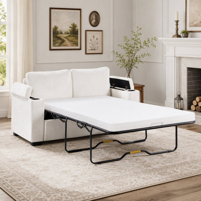56.7" Pull Out Sofa Bed Convertible Sofa Loveseat Sleeper with Full Size Mattress, Two Cup Holders and Arm Storage Space