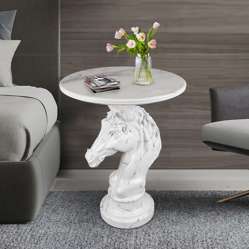 Modern End Table Living Room - Horse Statue White Faux Marble Night Stand, 23" Tall Contemporary‌ Side Table with Horse Head Base (17.73" Wide) for Reception Area & Bedroom