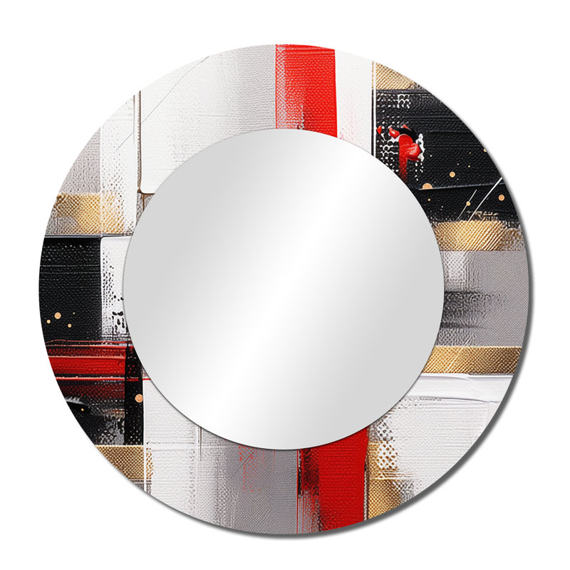Rouge et or cubique abstrait I - miroir mural unique Cubism, miroir rond moderne, impression d'art en métal, 36 po x 36 po