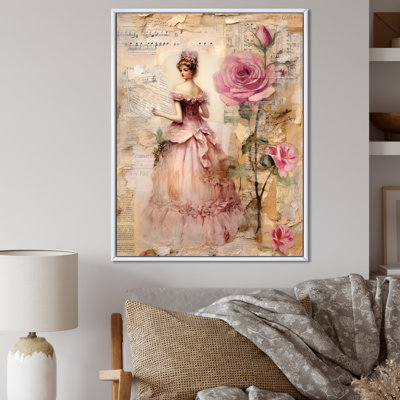 «Victorian Lady Pink Roses Rustic Vintage I - Rose», art mural encadré