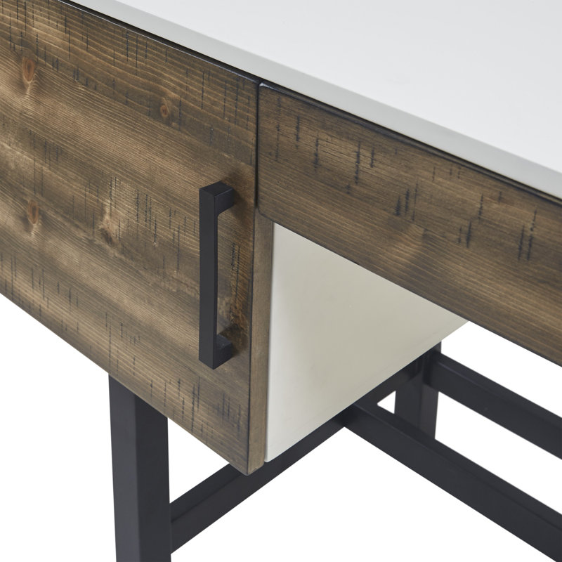 White and Brown Wood Writing Desk with Black Metal Legs and Drawer