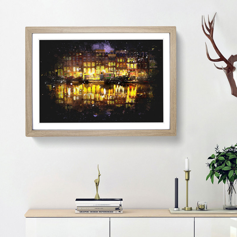 Amsterdam at Night - Picture Frame Graphic Art Print, 24cm H x 33cm W x 2cm D, Oak Framed