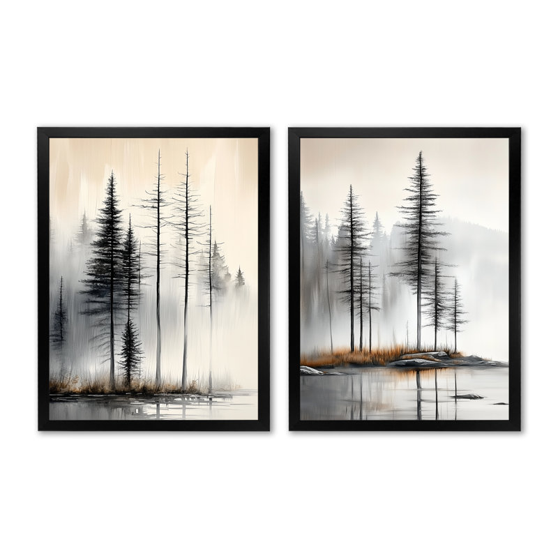 Pins d'été brumeux - Ensemble de 2 impressions encadrées de pins, 32" H x 48" W, Black Picture Framed