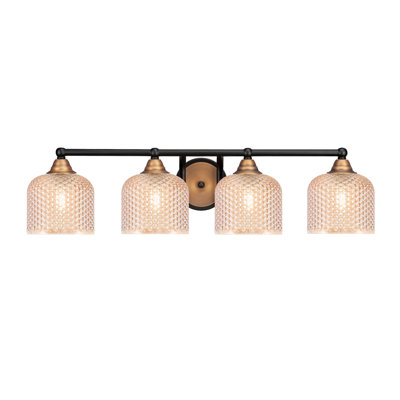 Vivian 4 Light Bath Bar Shown In Matte Black & New Age Brass Finish With 6" Amber Textured Glass