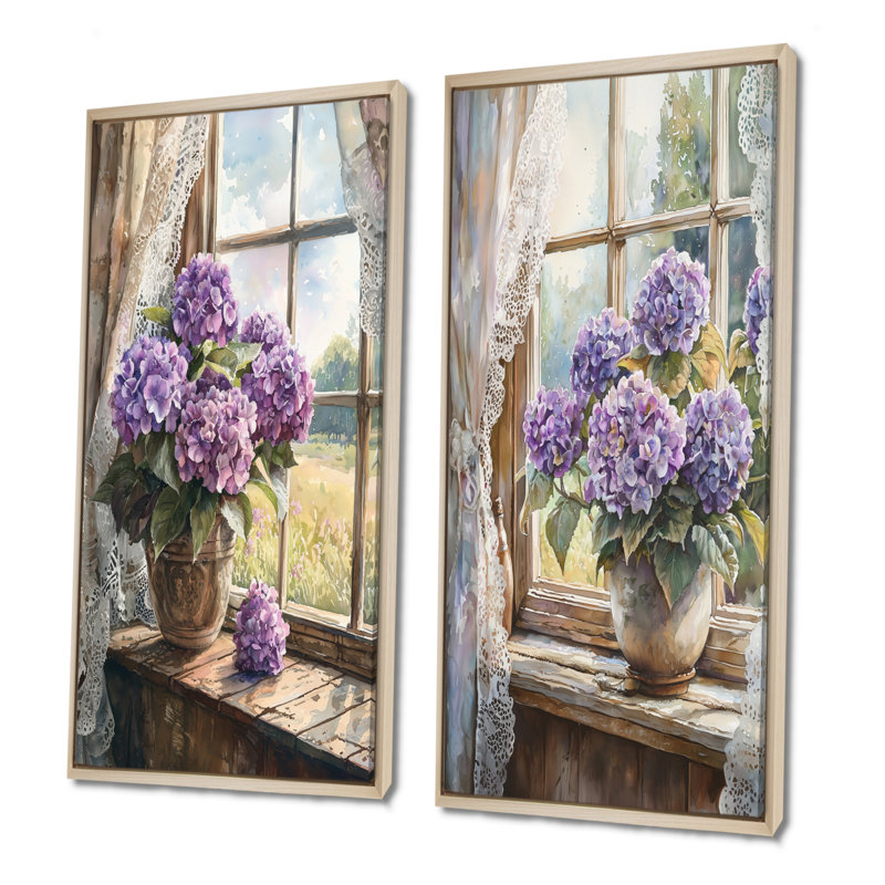Hydrangeas par la ferme fenêtre I - impressions sur toile florales 2 panneaux, Cadre crème crème, H 40 po x l 41 po
