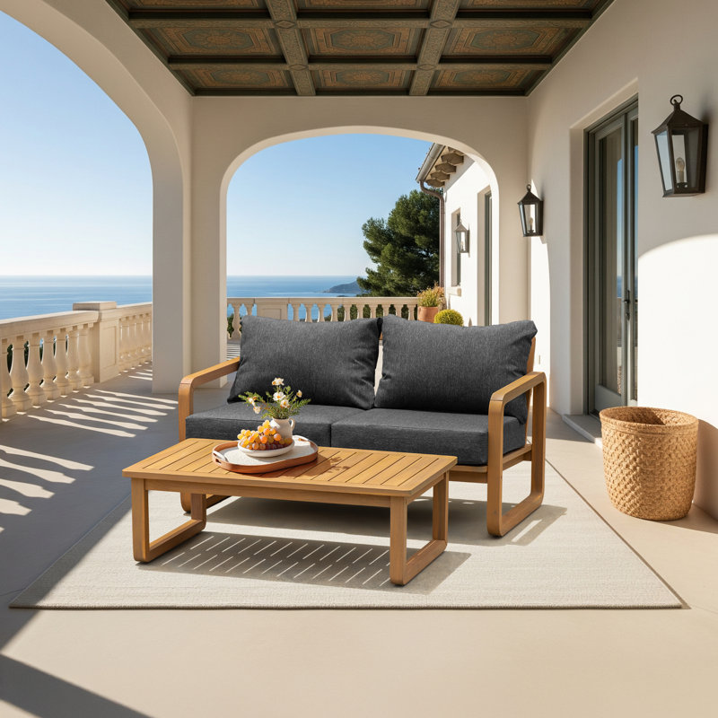 Causeuse de patio Ivy avec table basse et coussin beige, Coussin multicolore noir / structure beige