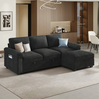 Canapé-lit d'angle Ahn en forme de L avec lit gigogne et pouf de rangement amovible, noir