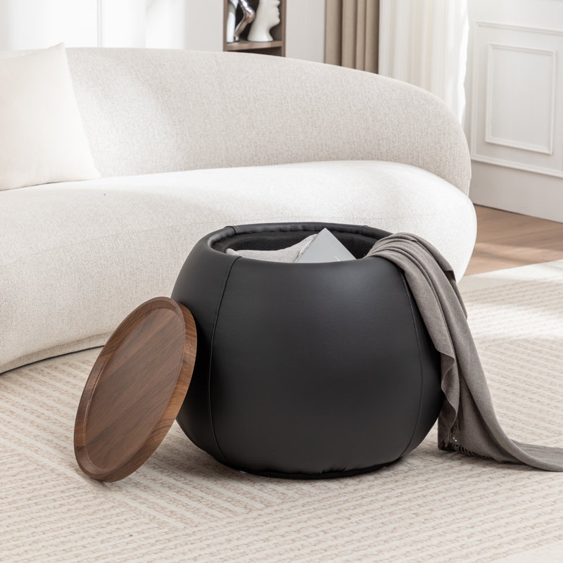 Repose-pieds de rangement rembourré avec plateau en bois Pietsch, Black