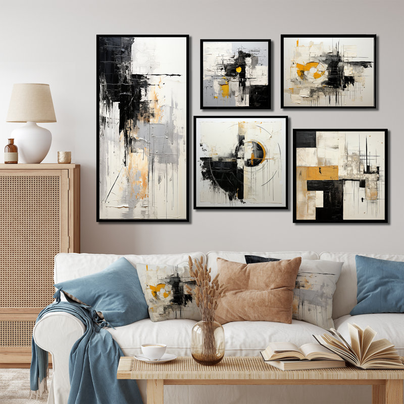 Beige et noir «Divine Simplicity I», ensemble de 5 reproductions d'art sur toile, Cadre flottant noir