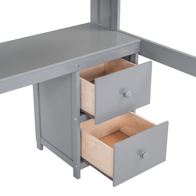 Lit mezzanine gris avec bureau, grande capacité de rangement et de chargement, armoires pleine grandeur, couleur de charge