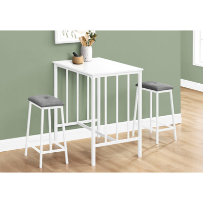 3pcs Counter Height Bistro Dining - Fashionable 36" Rectangular White Laminate Table With Metal Structure And Bewitching Grey Cushioned Stools For Sma