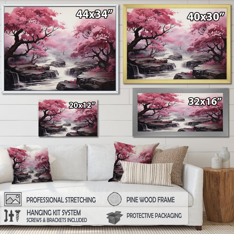 «Pink Trees Waterfall Endless Journey» - Art mural cascade, Cadre naturel flottant, H 30 po x l 40 po x P 1,5 po