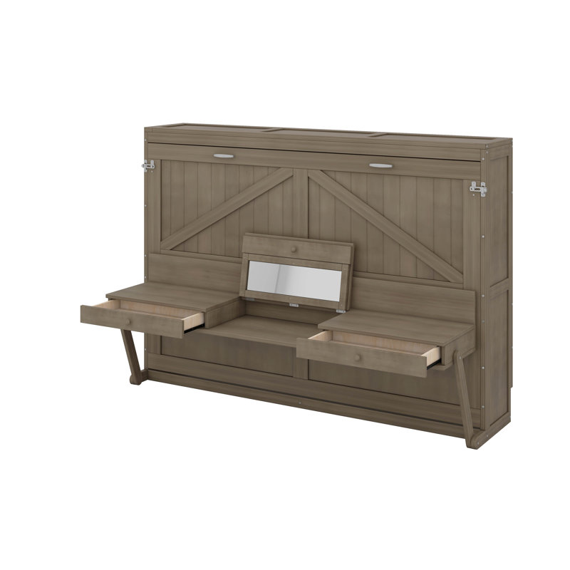 Grand lit escamotable avec rangement, armoire-lit pliable avec coiffeuse, miroir central et 2 tiroirs latéraux, Gris patiné