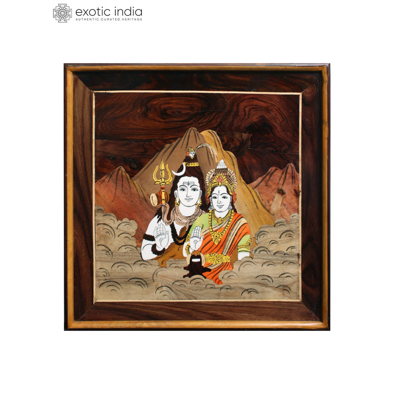 19 "Shiva et Parvati sur Kailash Mountain, couleur naturelle sur panneau de bois avec incrustations - Art mural traditionnel indien spirituel traditionnel