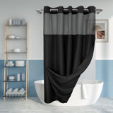 No Hook Slub Textured Shower Curtain With Snap-In PEVA Liner Set - Hotel Style With See Through Top Window, Machine Washable & Water Repellent Fabric, Black