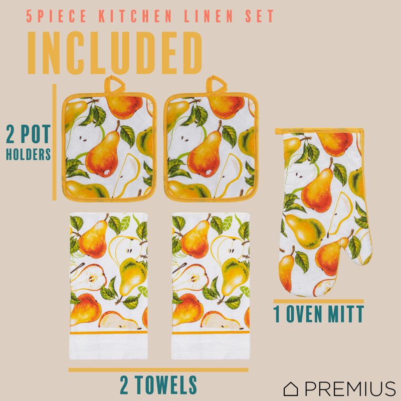 Ensemble de linge de cuisine imprimé 5 pièces PREMIUS, poires, 2 serviettes en coton, 2 poignées, 1 gant de cuisine