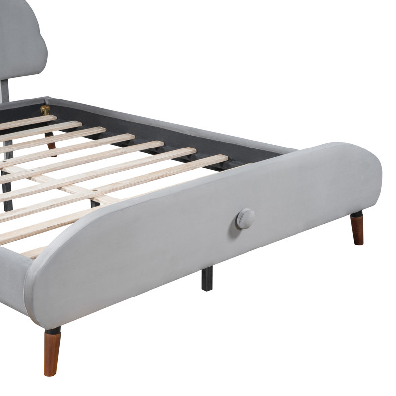 Grand lit plateforme tapissier avec tête de lit en forme de mouton, Gris, Lit double