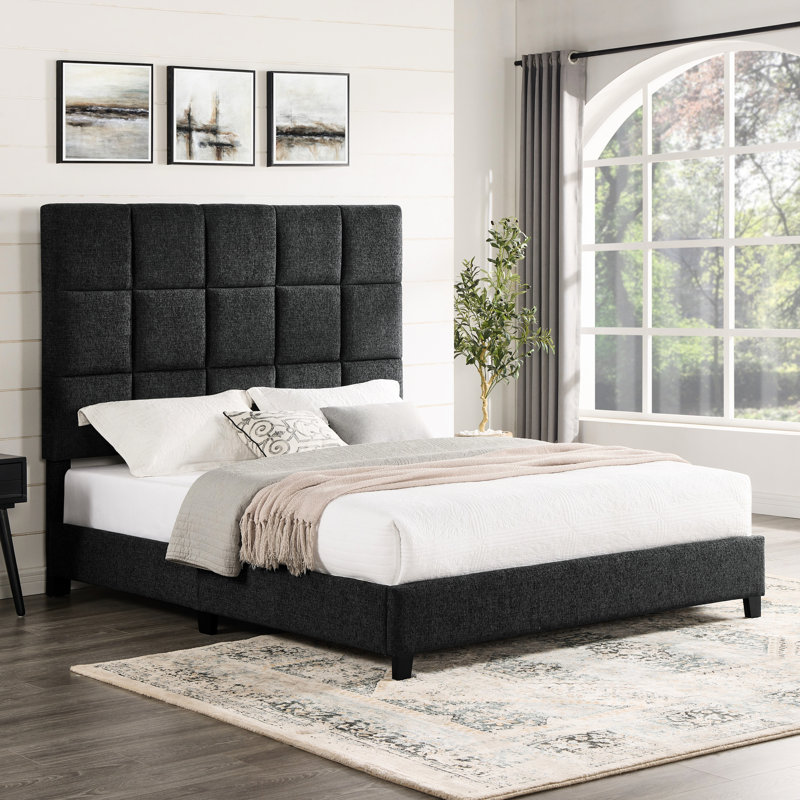 Lit double tapissier pour chambre à coucher avec mousse et tête de lit rembourrée moderne gris foncé Endurance