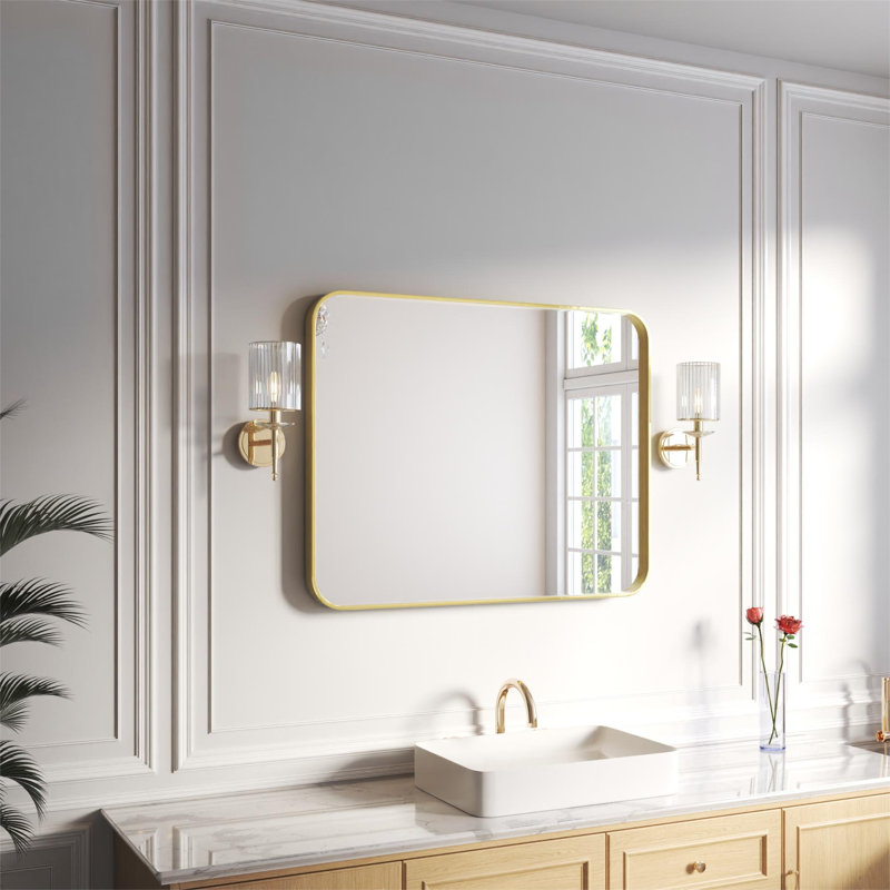 Élégant miroir encadré en aluminium avec coin arrondi pour une décoration intérieure élégante, Or brossé, Rectangulaire