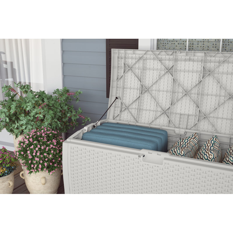 Suncast 50 in. W x 25.5 in. D Resin Wicker Deck Box for Outdoor Storage, Made in the USA, 99, White