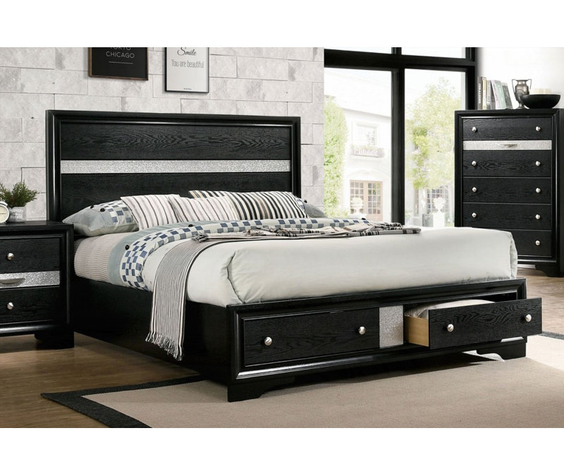 Queen Size Black Color Panel Headboard with Drawers - No Box Spring Needed, Sturdy Bed Frame, Black, Queen