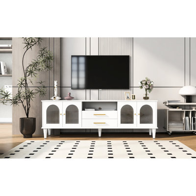 Meuble télé pour téléviseur de 75 po ou moins, porte en verre cannelé rétro, 2 tiroirs, armoires, pieds en bois massif, gestion des câbles, finition blanche jusqu'à 75 po, portes, tiroirs et mobilier de bureau