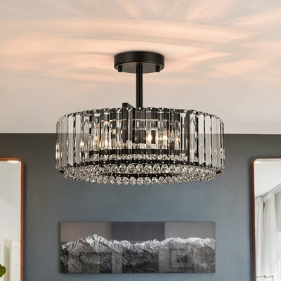 Luxury 4-Light Round Drum Crystal Semi-Flush Ceiling Light