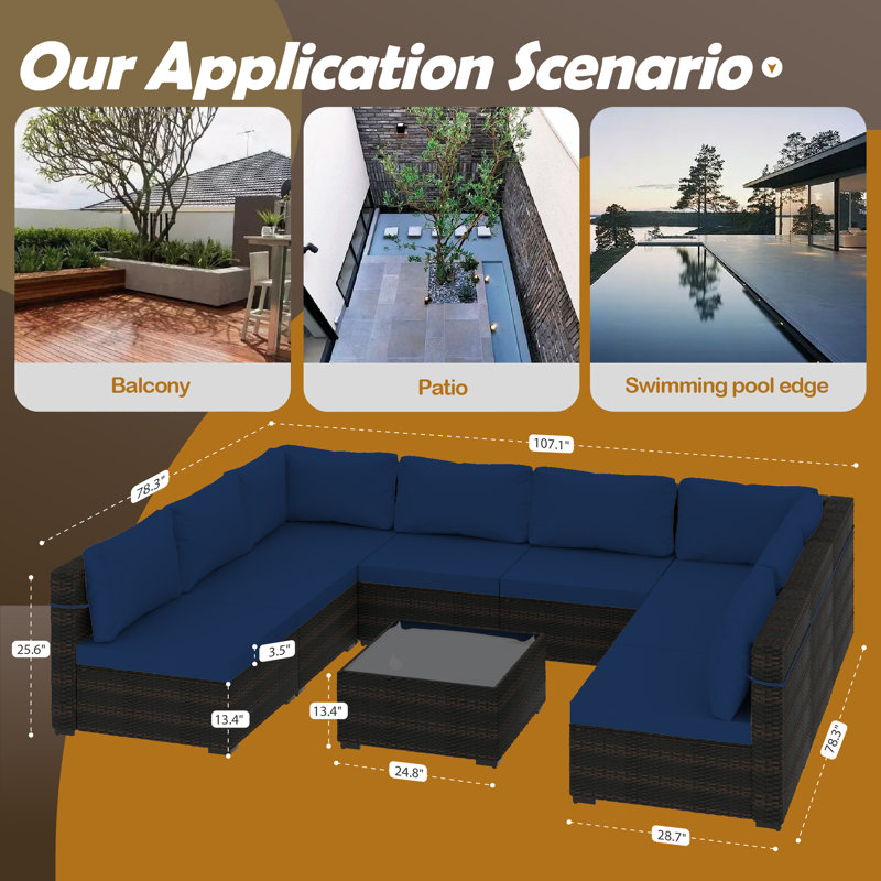 Rosaelena Wicker 8 - Person Modular Patio Conversation Set with Cushions, Navy Blue, Brown