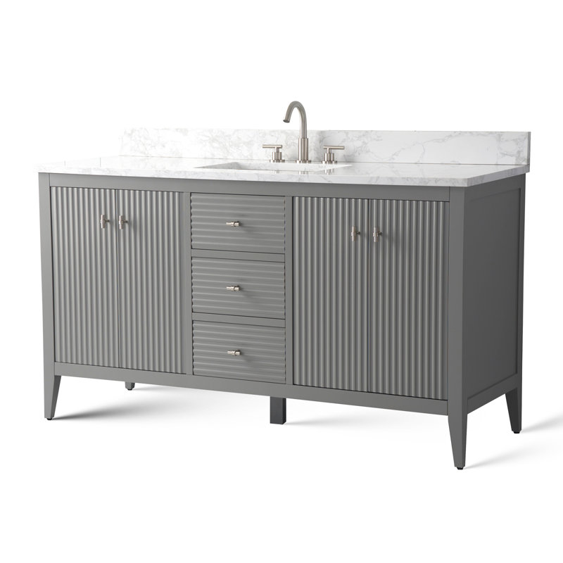 Laval 60" Single Sink Freestanding Bathroom Vanity with Engineered Marble Top, Brushed Nickel, Linear Cashmere Gray