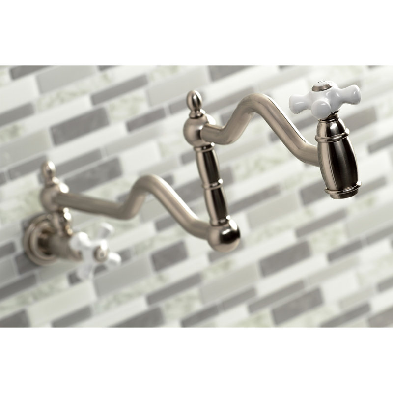 Kingston Brass Heritage Two-Handle 1-Hole Wall Mount Pot Filler Faucet, Brushed Nickel